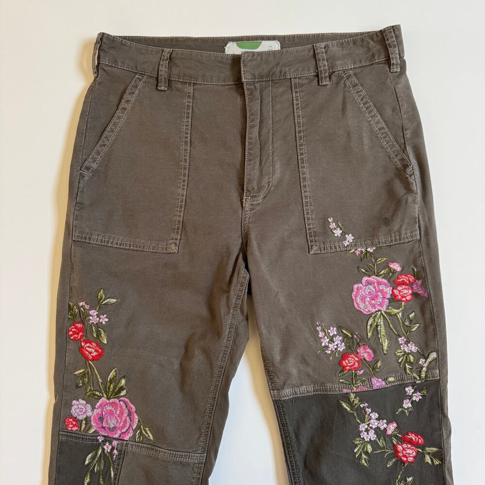 Anthropologie Floral Embroidered Utility Pants Size 30 Olive Green Cotton Linen - Picture 7 of 16
